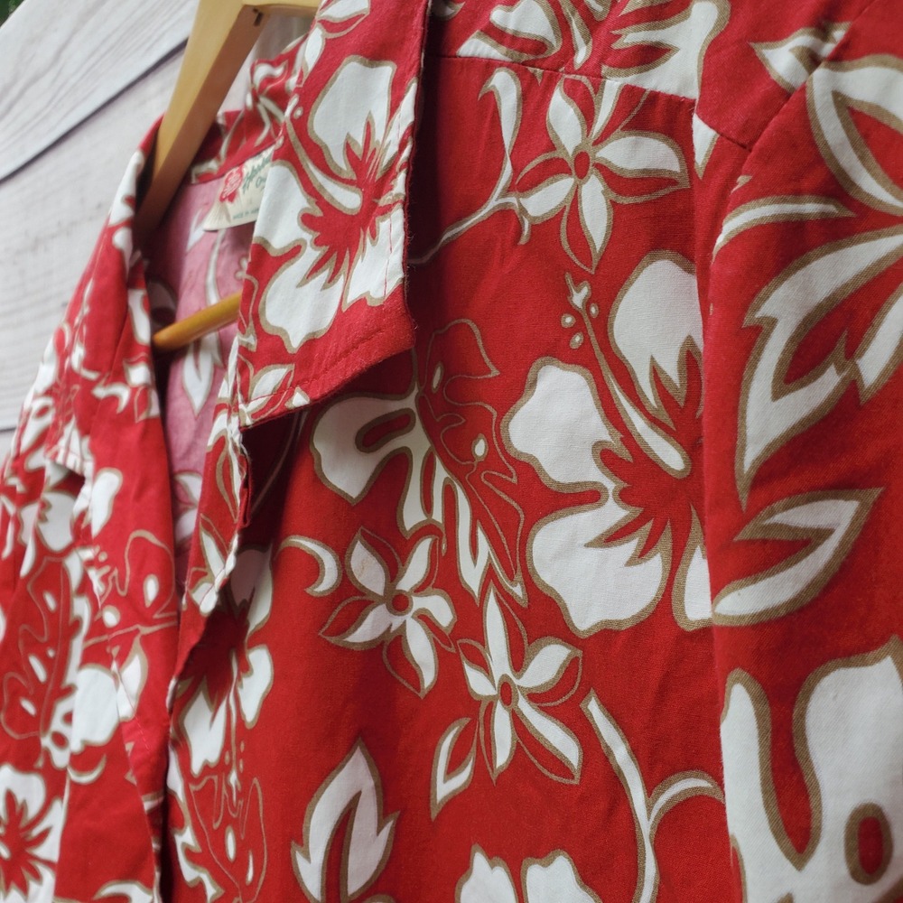 Vintage Hilo Hattie Red White Hibiscus Floral Cotton Hawaiian Camp Shirt Hawaii
